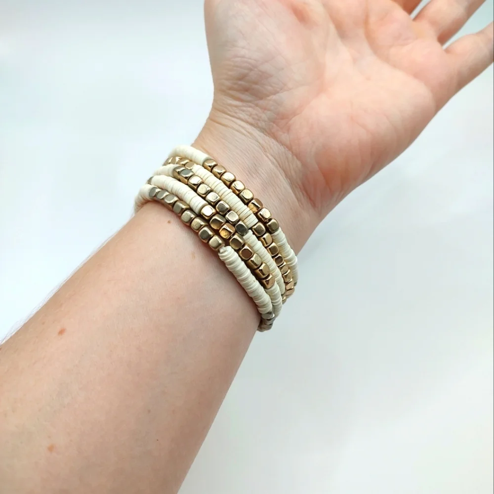 Gold and Cream Beaded Bracelet Set (4 Stretchy Boho Bracelets)